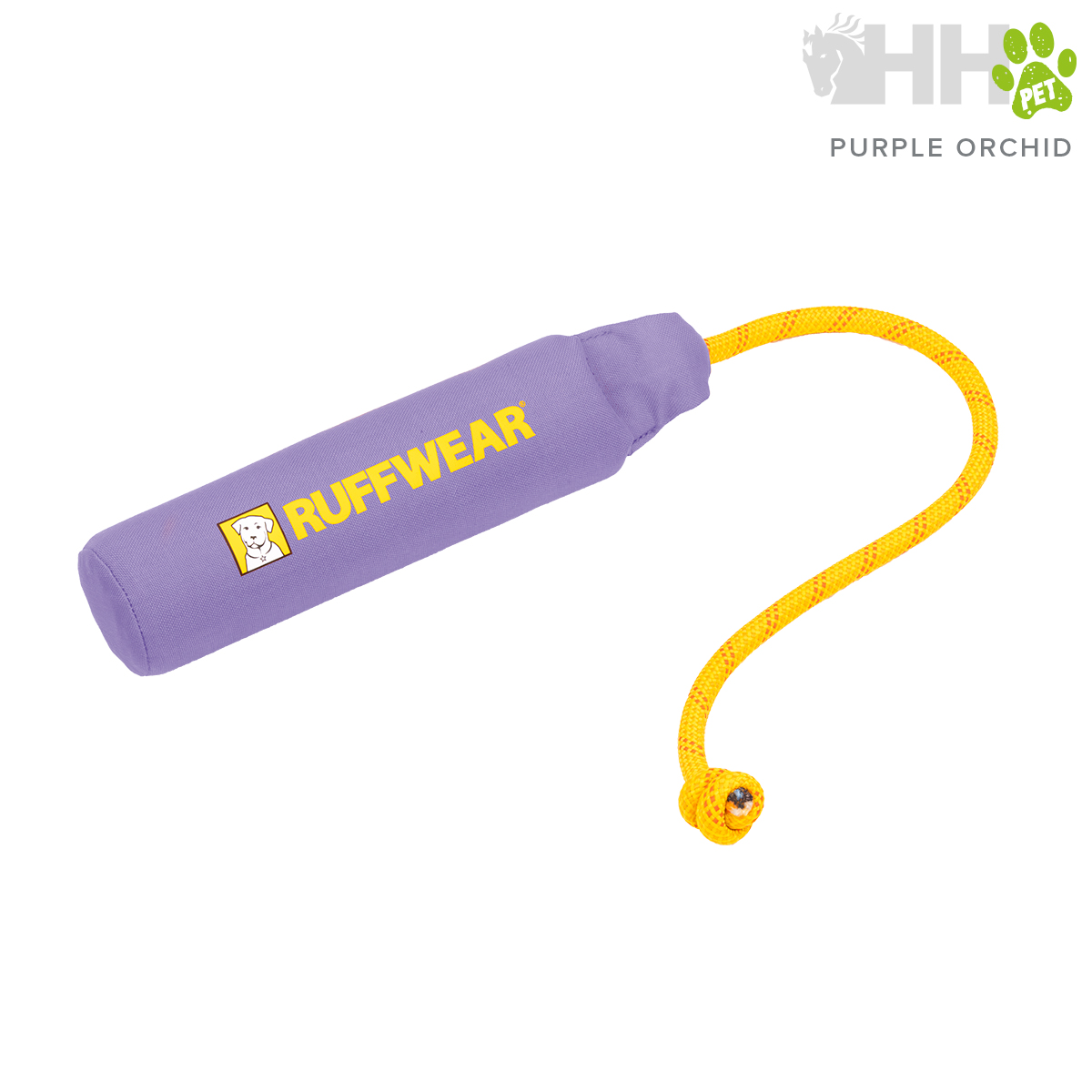 Brinquedo para cães roxo com corda amarela e texto RUFFWEAR