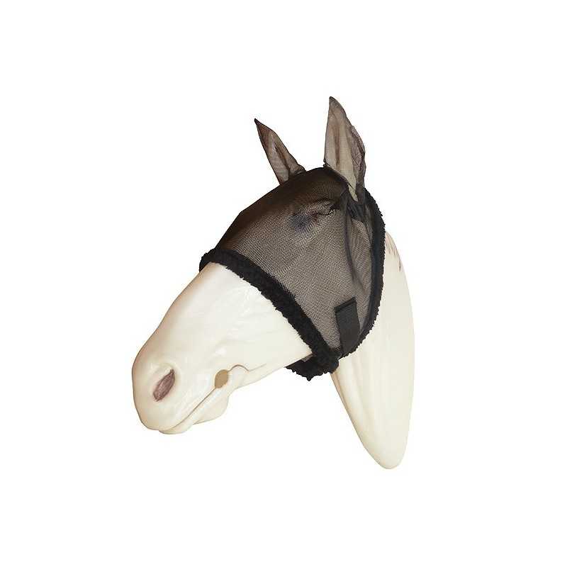 Máscara preta em tela para cavalo exibida em manequim branco.