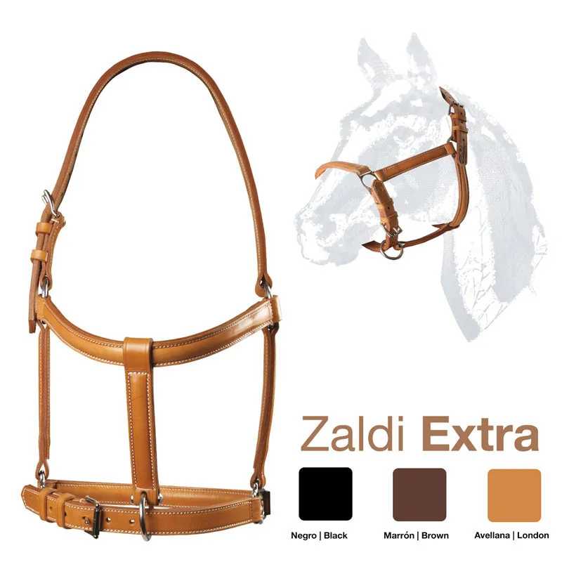 Cabresto de couro castanho para cavalo Zaldi Extra com desenho de cavalo ao fundo