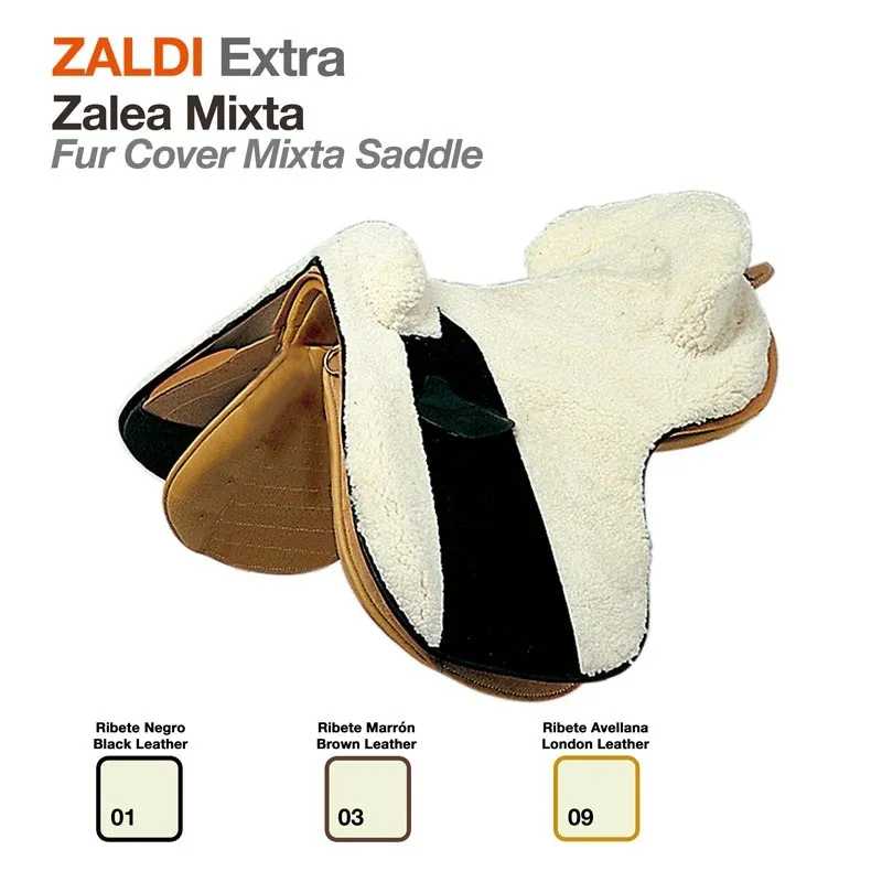 Sela para cavalo com cobertura felpuda branca e bordas em couro preto, castanho e castanho claro