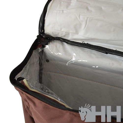Mala térmica castanha com interior branco e isolamento prata