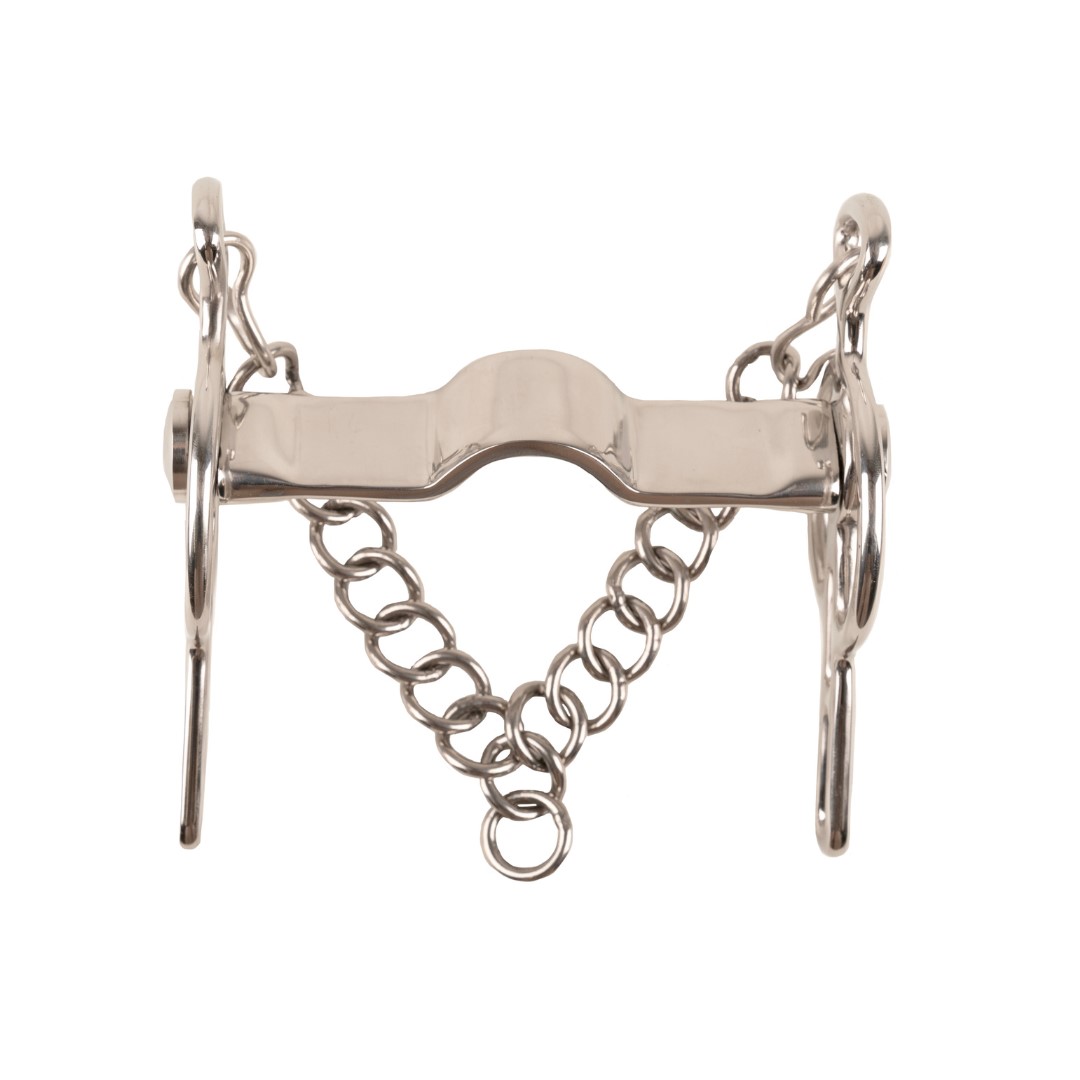 Freio metálico prateado para equitação com corrente