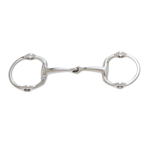 Freio de cavalo metálico prateado com anéis grandes e peça central articulada