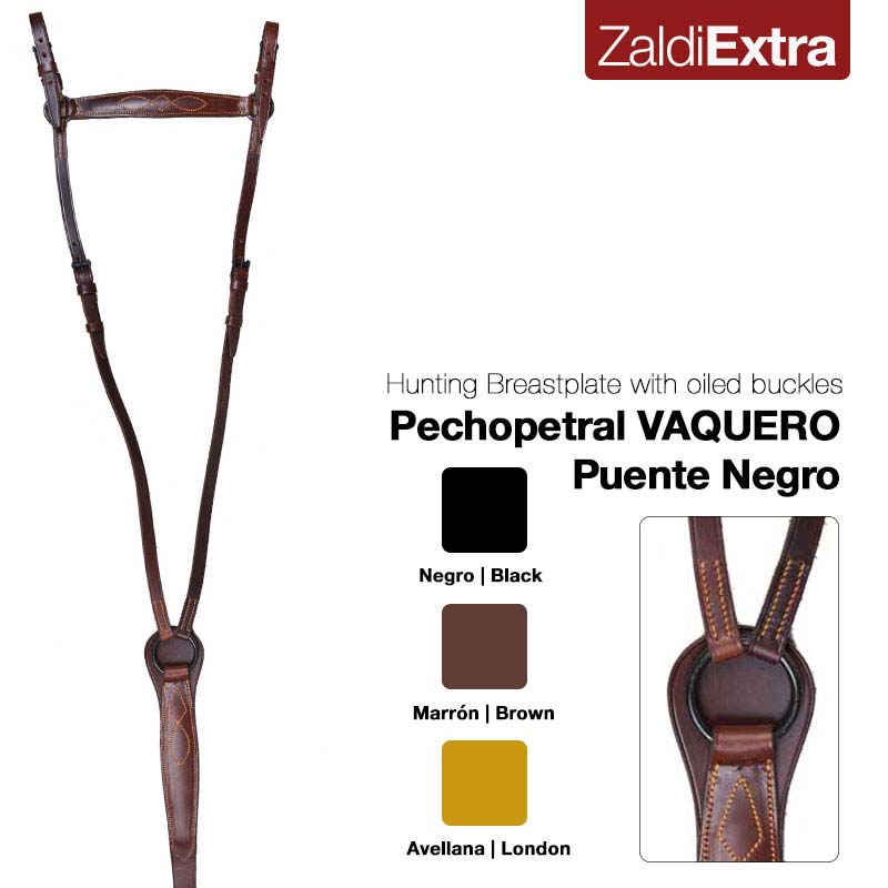 Pechopetral de pele castanha com costuras decorativas e fivelas, disponível em três cores