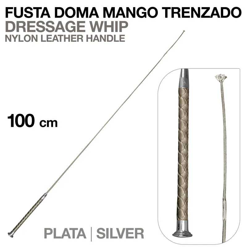 Fusta de doma com cabo trançado em couro nylon prata e 100 cm