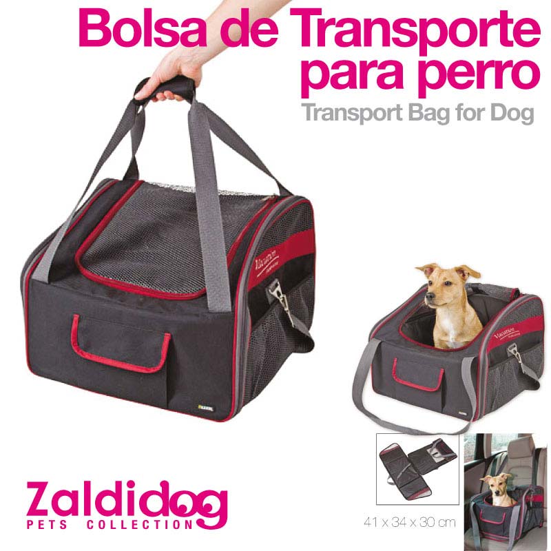 Bolsa de transporte para cão cinza com detalhes vermelhos e cinza, com alças e rede de ventilação.