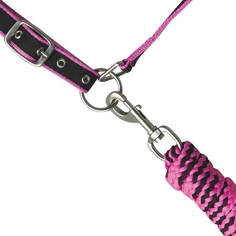 Trela para animal de estimação rosa e preta com fecho metálico e fivela