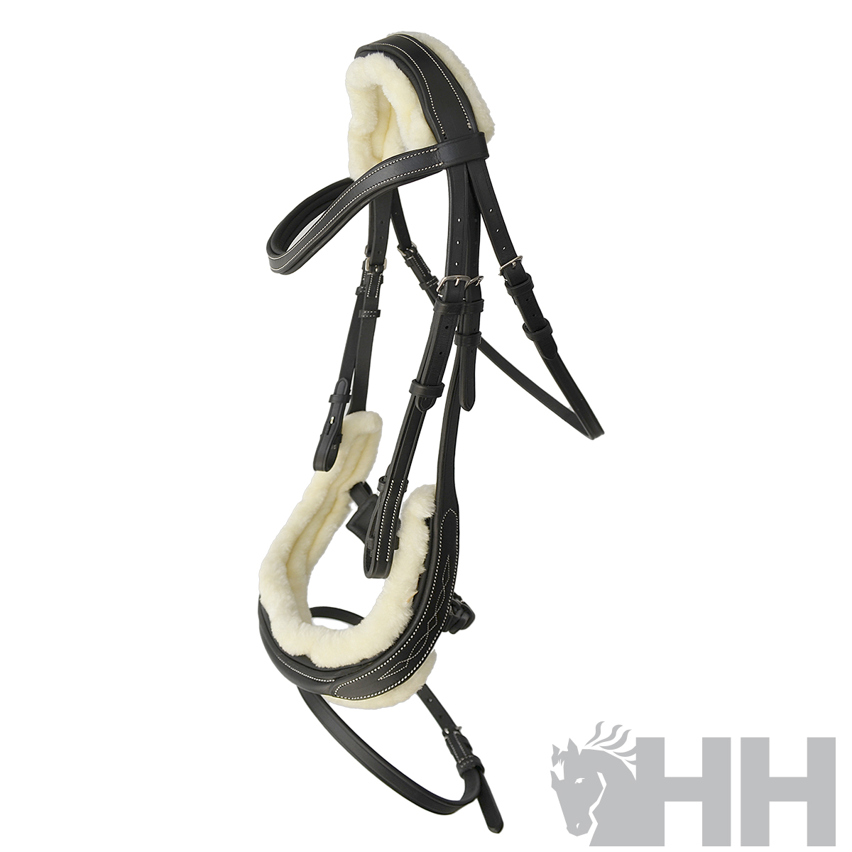 Bridão de cabedal preto com acolchoamento branco e fivelas metálicas