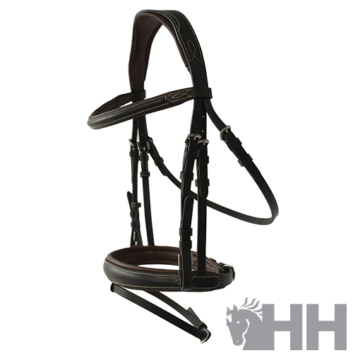 Bridão em cabedal preto com forro castanho e fivelas prateadas