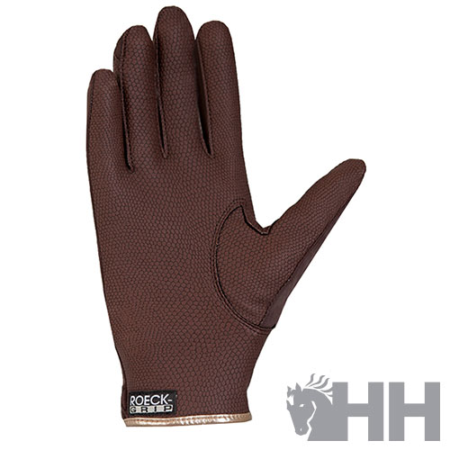 Luvas castanhas de pele texturada com etiqueta preta ROECK-GRIP e logo de cavalo HH