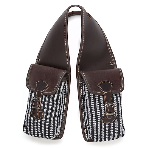 Bolsa bandoleira com compartimentos listrados e alça de pele castanha