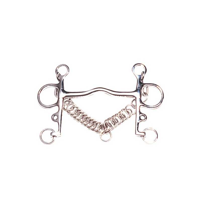 Freio de equitação em metal prateado com corrente e argolas