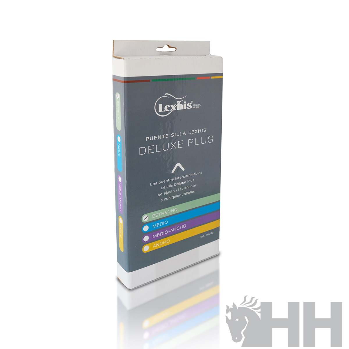 Caixa cinza do produto Puente Silla Lexhis Deluxe Plus com detalhes coloridos