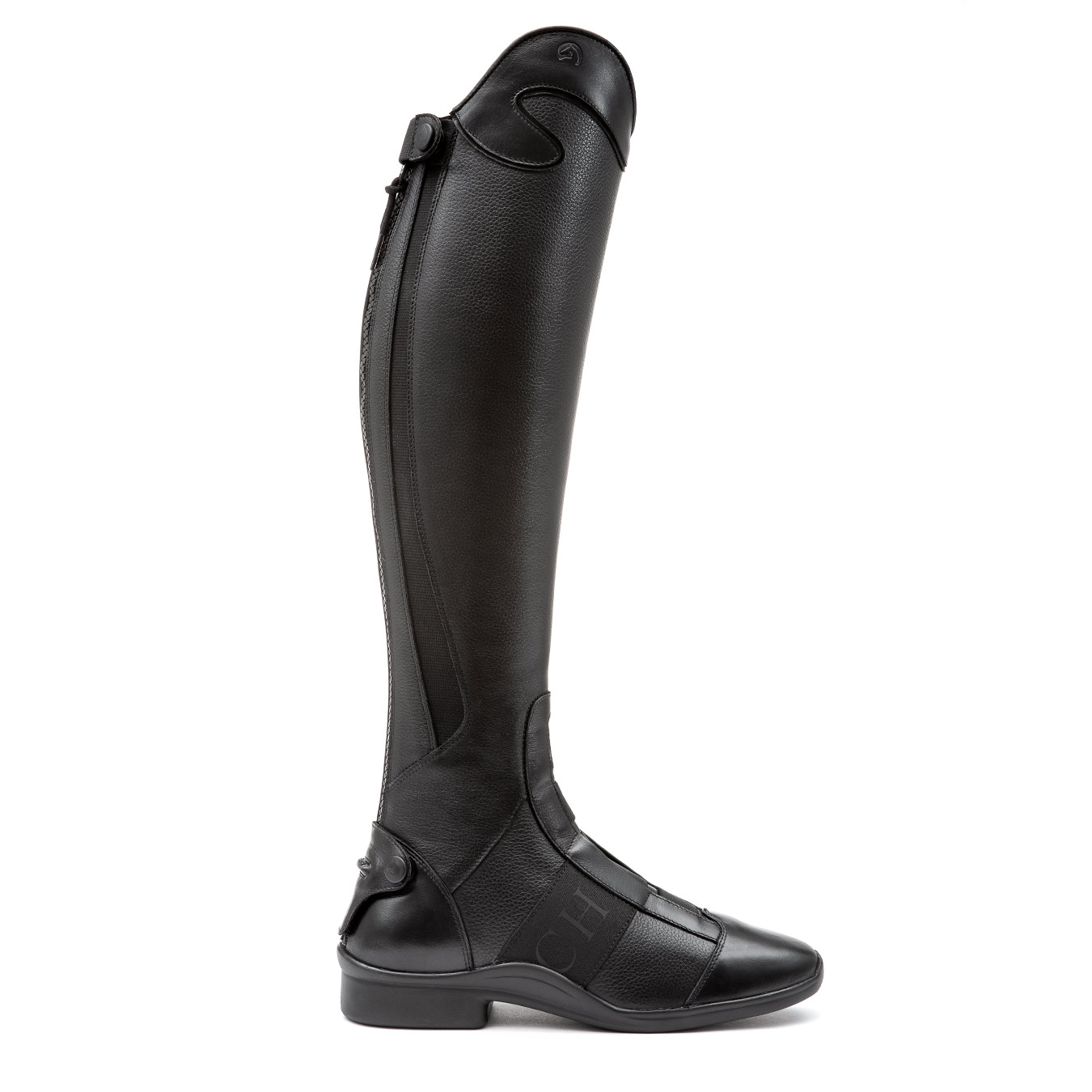 Bota alta preta de couro para equitação com fecho lateral