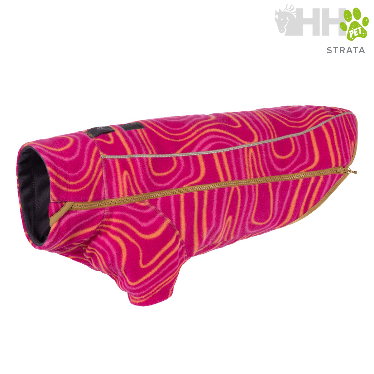 Capa para cão rosa e laranja com fecho dourado e interior preto.