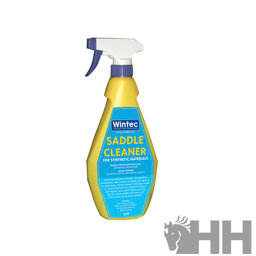 Frasco amarelo de spray Wintec Saddle Cleaner para materiais sintéticos com rótulo azul