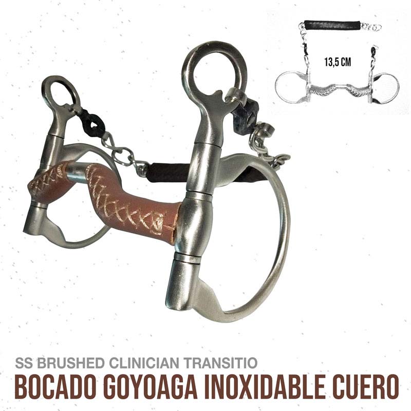 Bocado Goyoaga inoxidável em aço escovado com couro e corrente, 13,5 cm