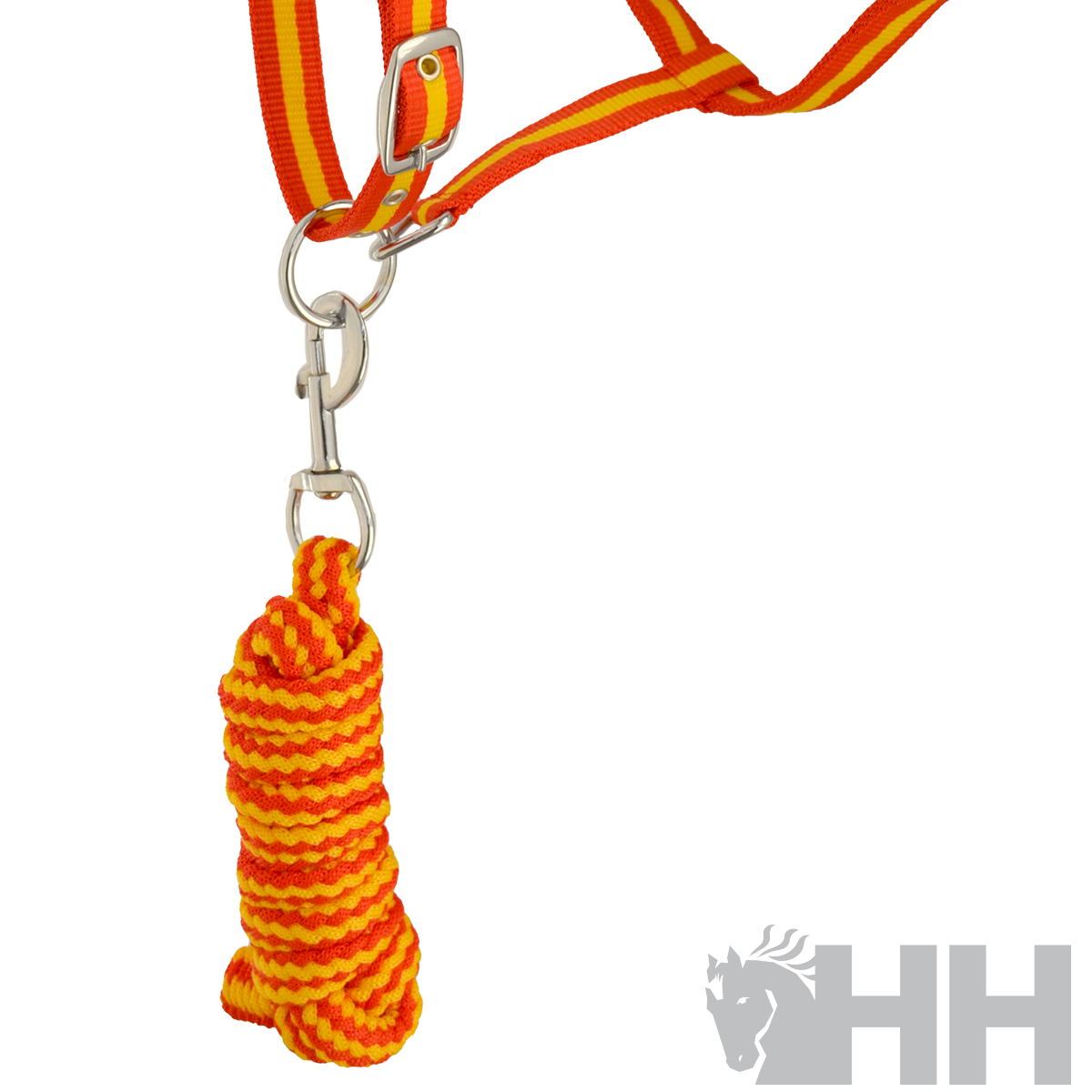 Corda de lã amarela e laranja com cordão às riscas e ganchos metálicos
