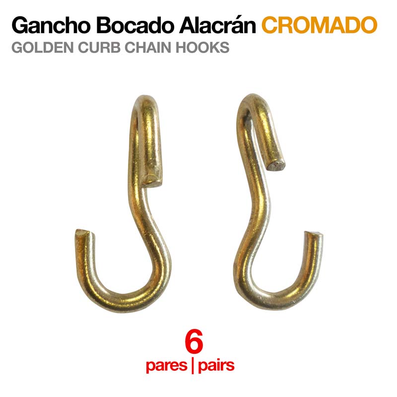 Gancho em aço cromado dourado para corrente com texto informativo