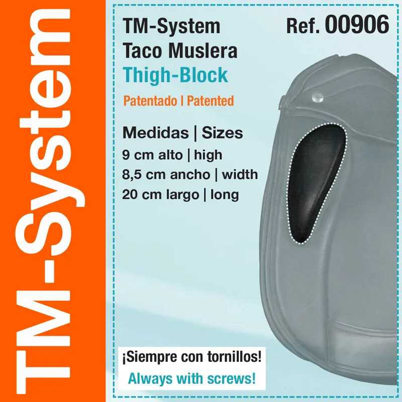Produto TM-System Taco Muslera Thigh-Block cinza e preto com medidas indicadas e texto explicativo em fundo azul claro e laranja.