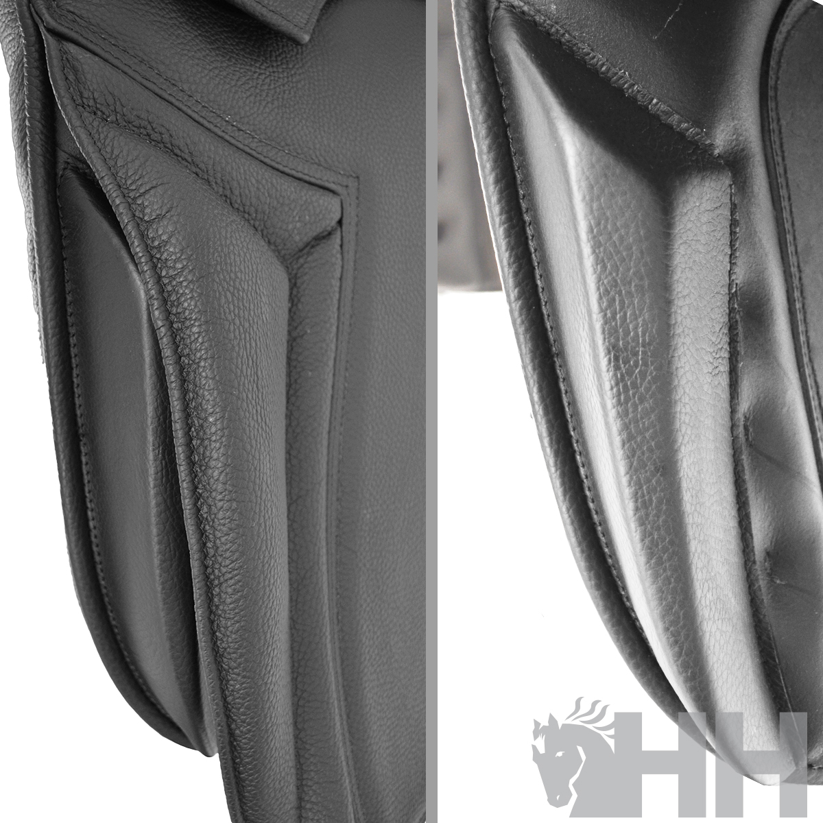 Detalhes de sela equestre preta em couro e logo HH com cavalo