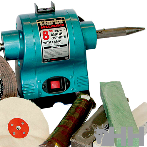 Torno de bancada para metal verde azulada com etiqueta e disco de polimento