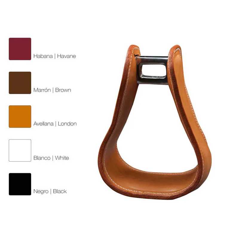 Estribo de couro castanho claro com estrutura metálica preta