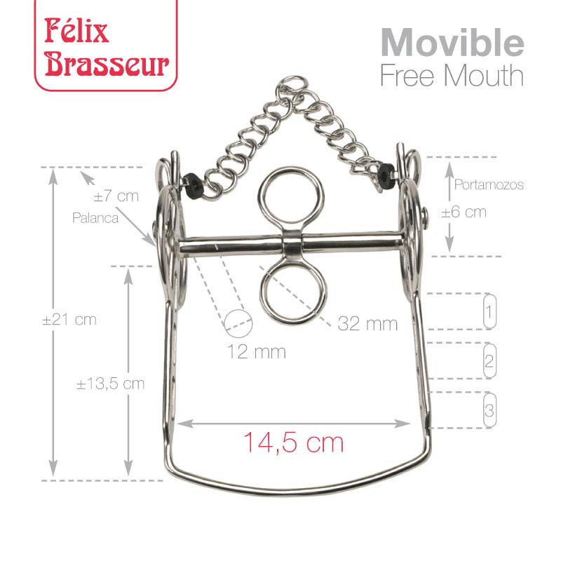 Freio metálico móvel para cavalo com dimensões e texto Félix Brasseur Movible Free Mouth