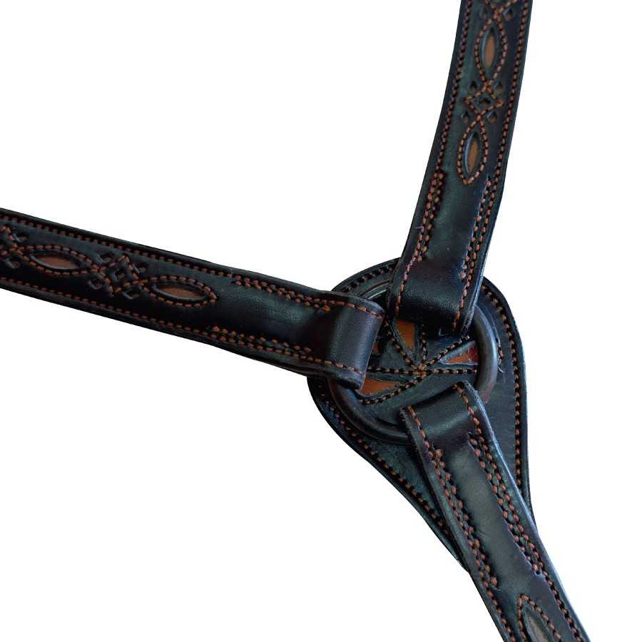 Arreio de pele preta com costura castanha e detalhes decorativos