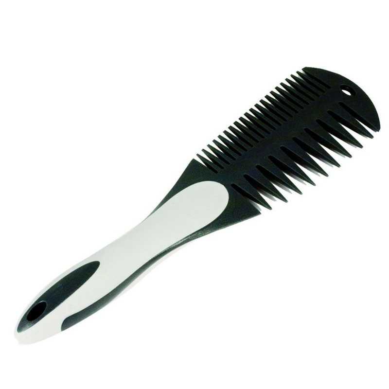 Pente preto e branco com cabo ergonómico e dentes largos e estreitos