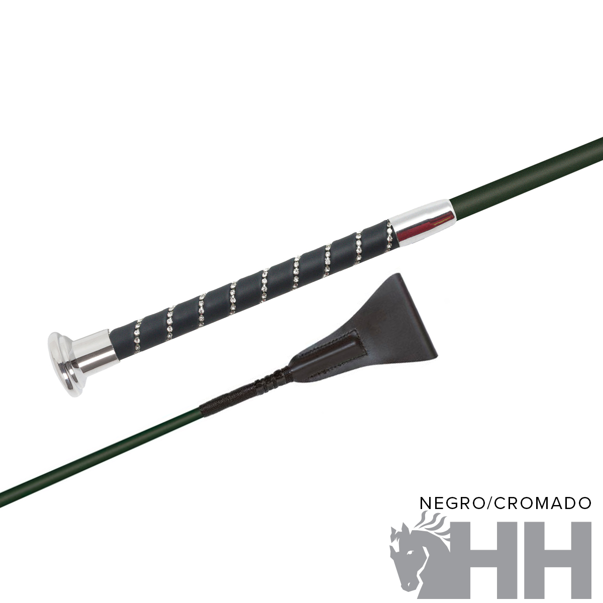 Chicote para equitação preto e verde escuro com detalhes cromados e ponta de couro preta