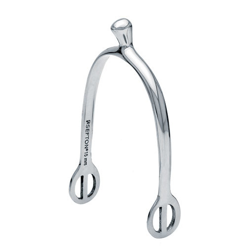 Espora metálica prateada com inscrição 'ASSETTON 15 mm'