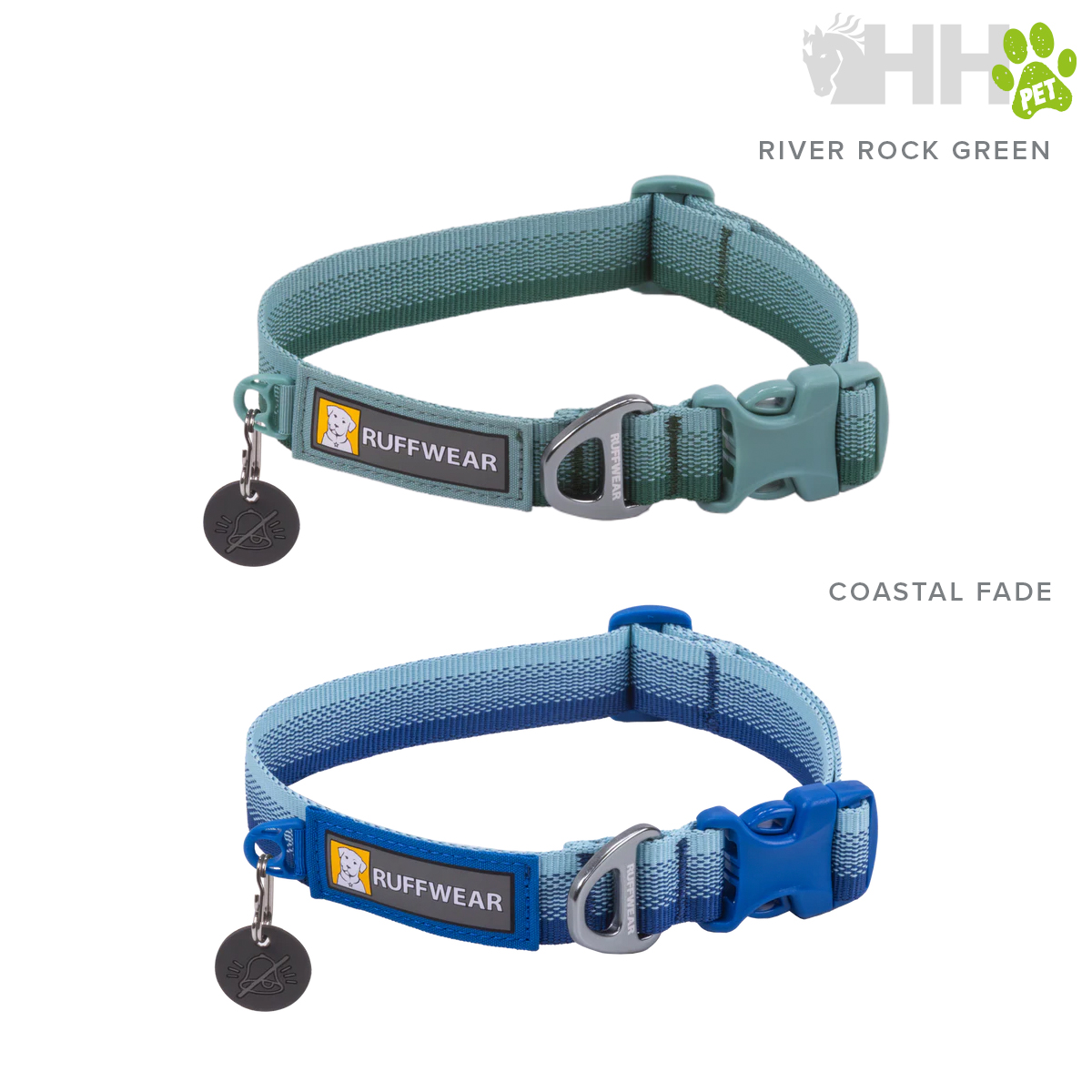 Dois colares para cães RUFFWEAR verde e azul em material têxtil com fivela de plástico