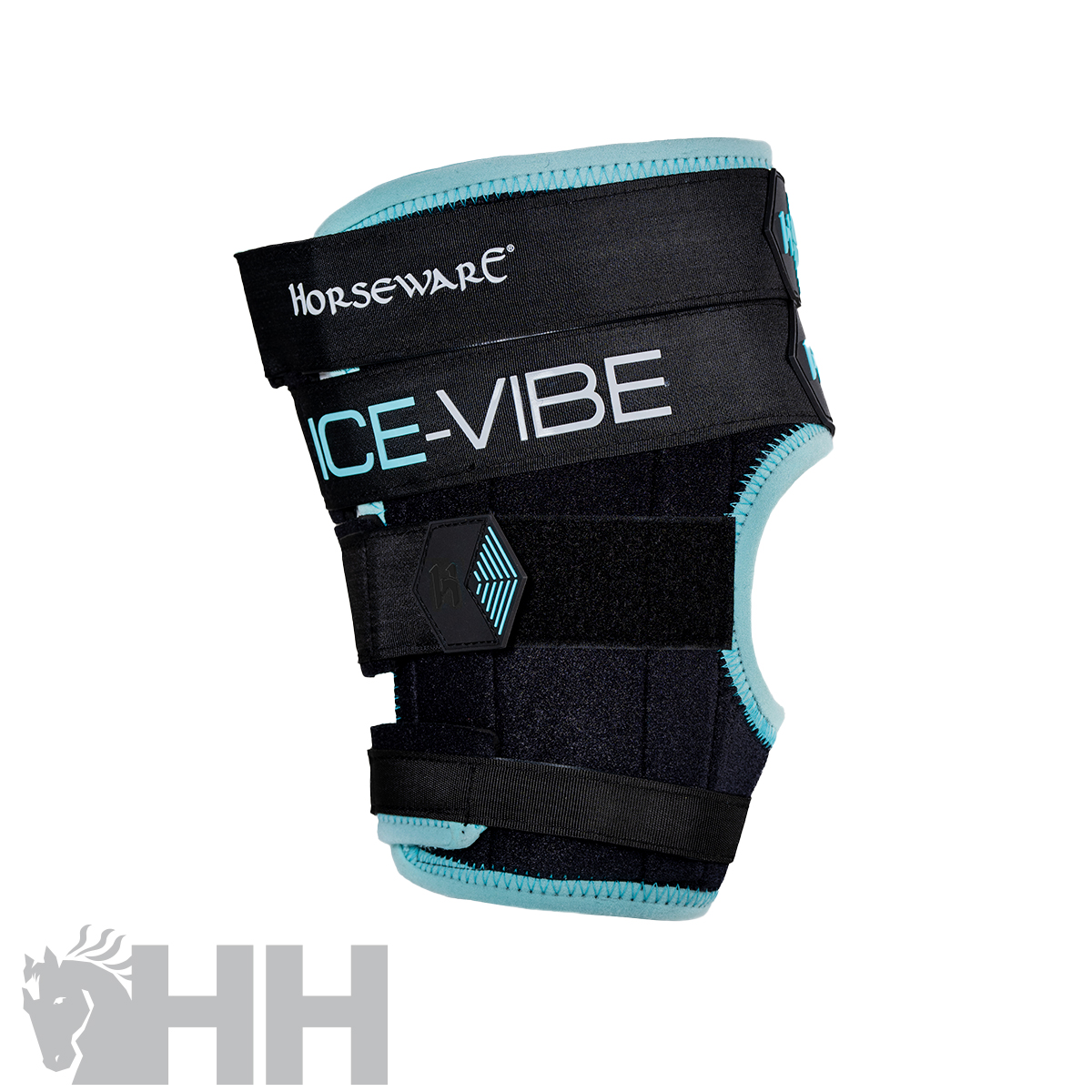 Proteção para cavalo preta com detalhes azul celeste e texto HORSEWARE ICE-VIBE