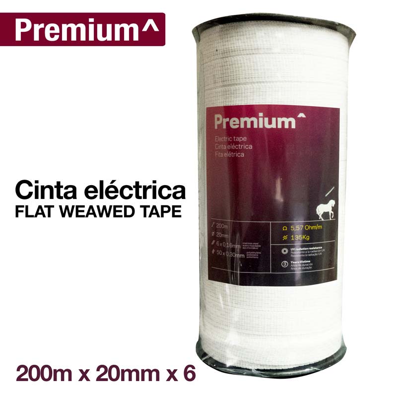 Rolo de fita eléctrica plana branca da marca Premium com etiqueta roxa e texto técnico