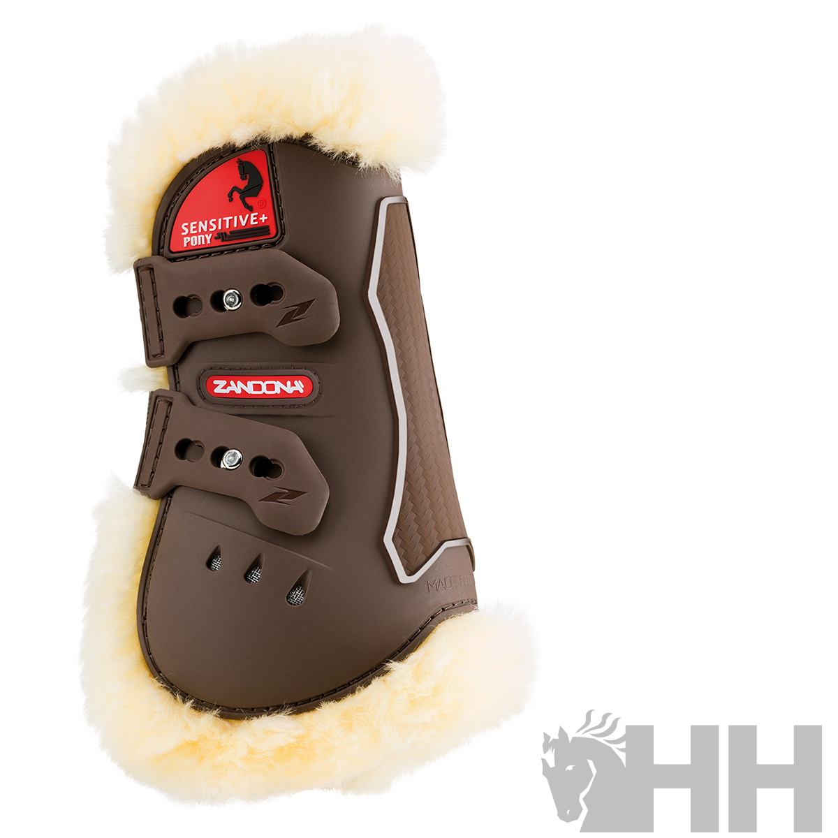 Protector para cavalo castanho com forro peludo branco e fechos de velcro