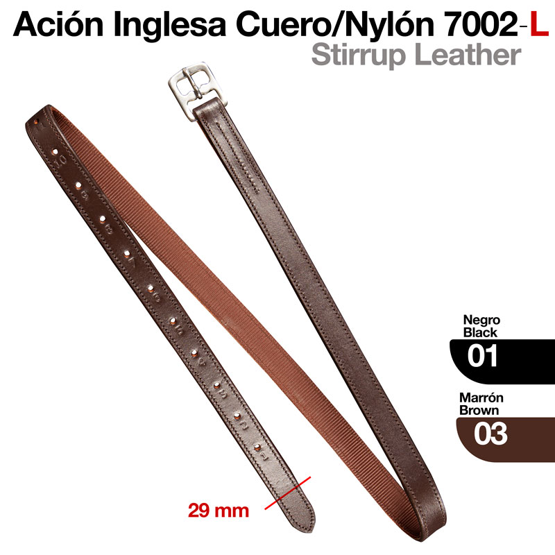 Correia de couro e nylon castanha com fivela metálica e texto de descrição