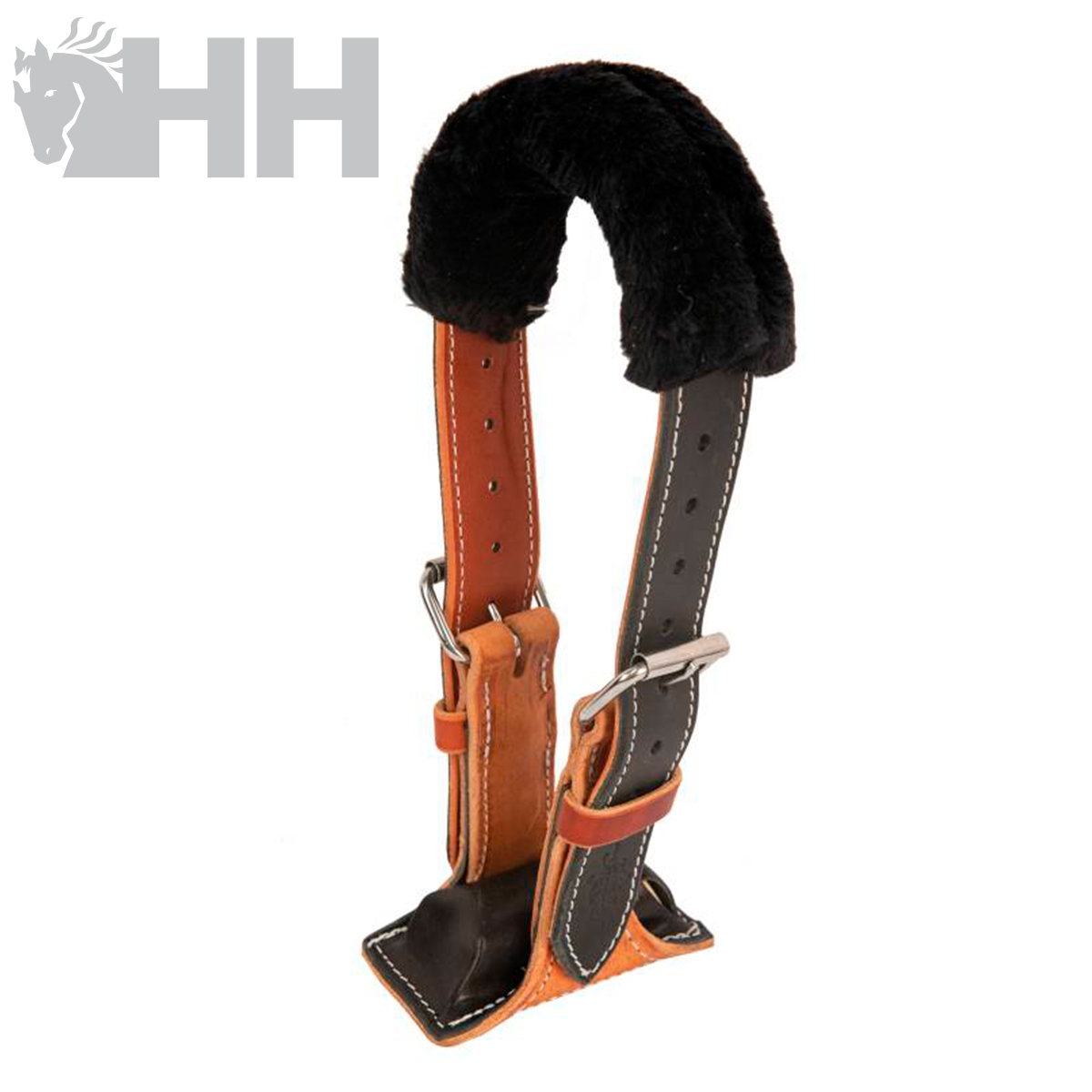 Cabeçada de cavalo em couro castanho e preto com pelúcia preta