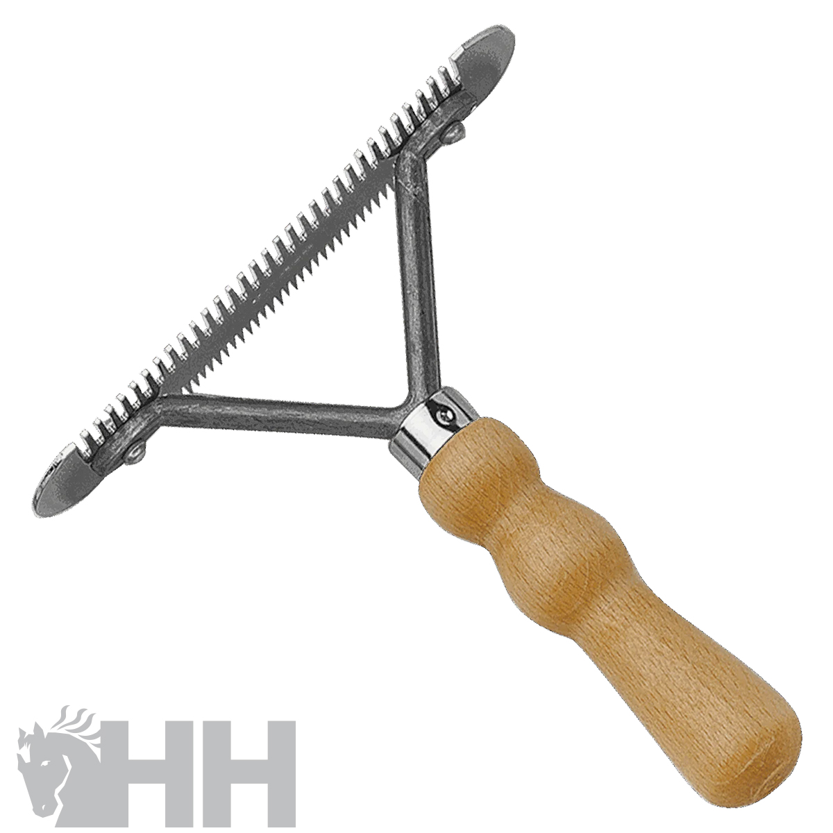 Raspador de limpeza com cabo de madeira e lâmina metálica serrilhada