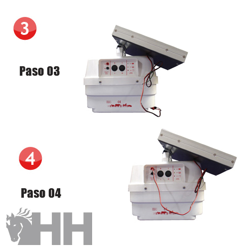 Painéis solares pequenos com caixas de controle e texto em espanhol com passos numerados