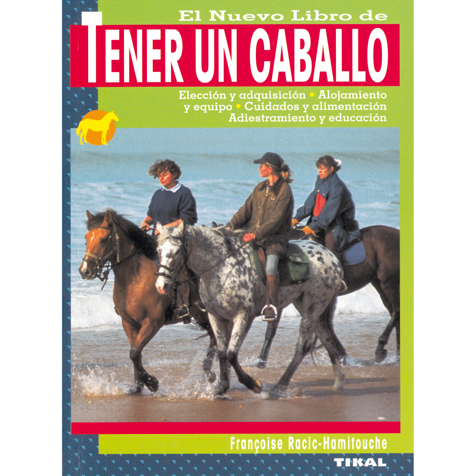 Capa de livro com título em espanhol e três pessoas a cavalo na praia com mar ao fundo.