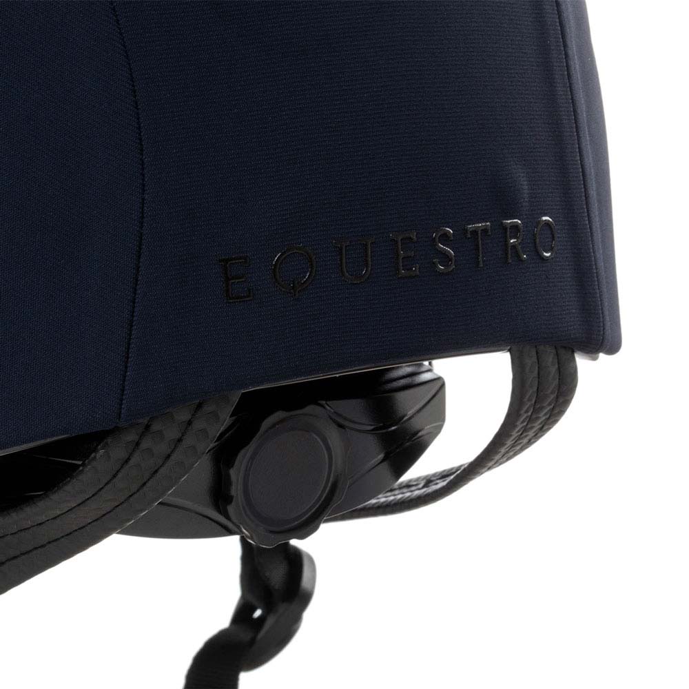 Capacete azul escuro com texto EQUESTRO em relevo preto