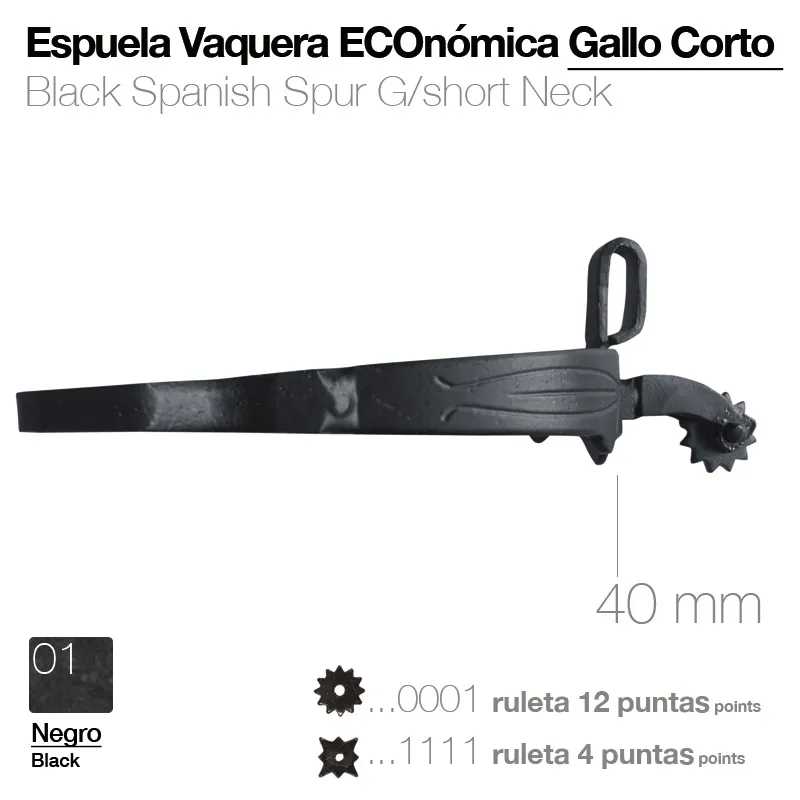 Espuela vaqueira económica preta Gallo Corto de metal com roleta dentada