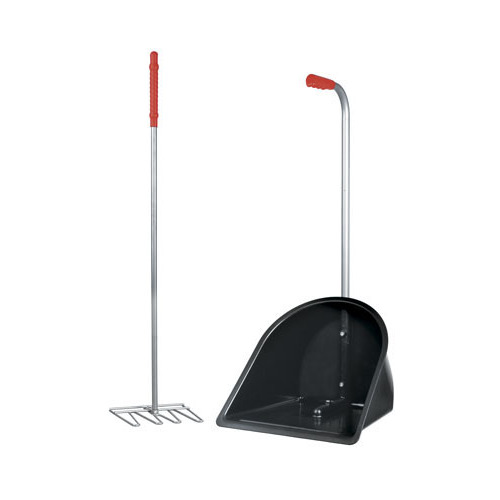 Pá de lixo preta e ferramenta metálica com cabo vermelho