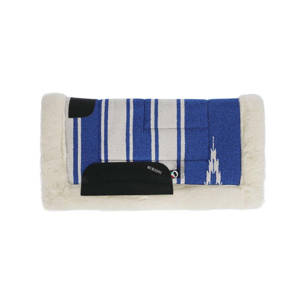Tapete de sela azul e cinzento com bordas brancas de pelo e reforço preto