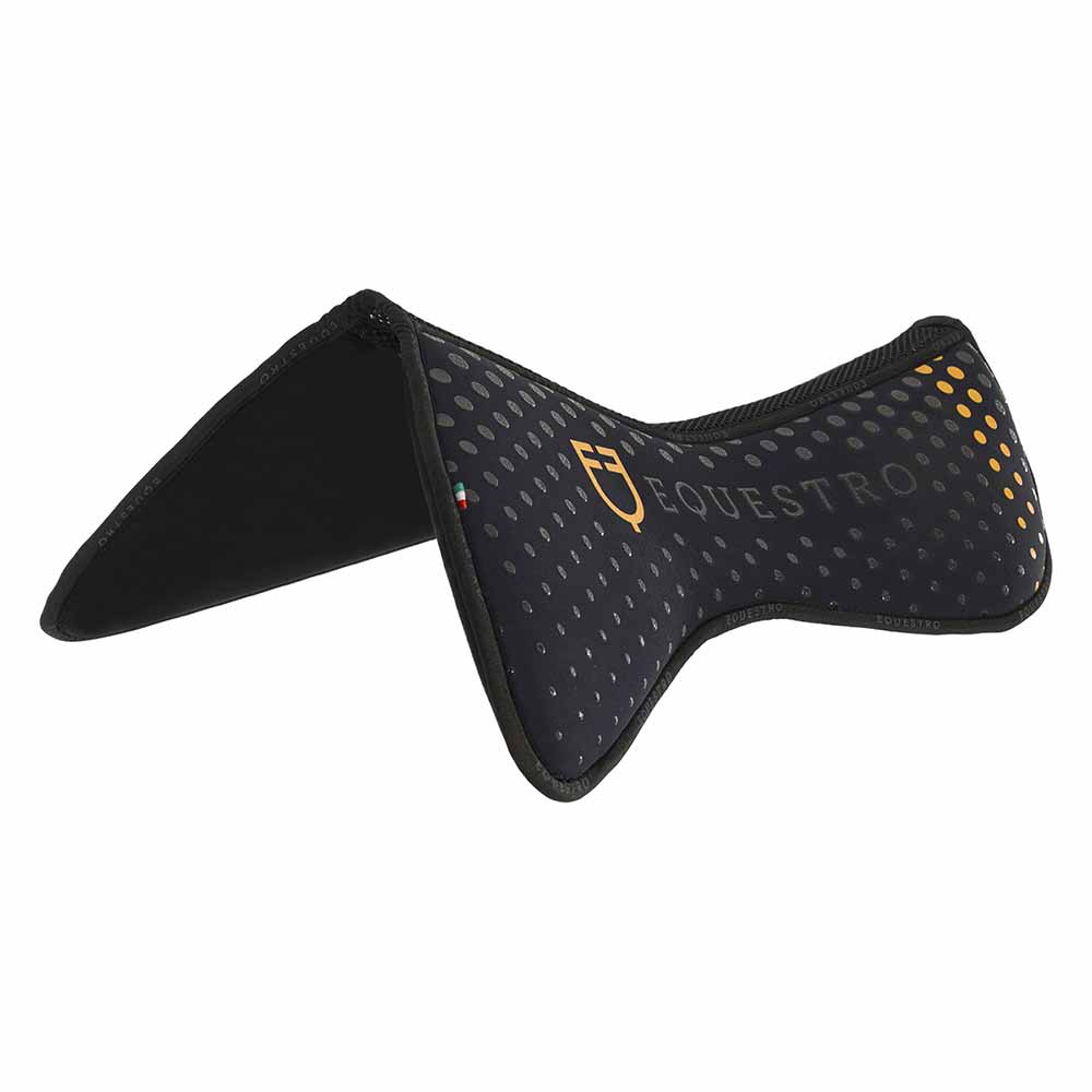 Suporte para sela equestre preto com pontos amarelos e cinzentos e logotipo EQUESTRO.