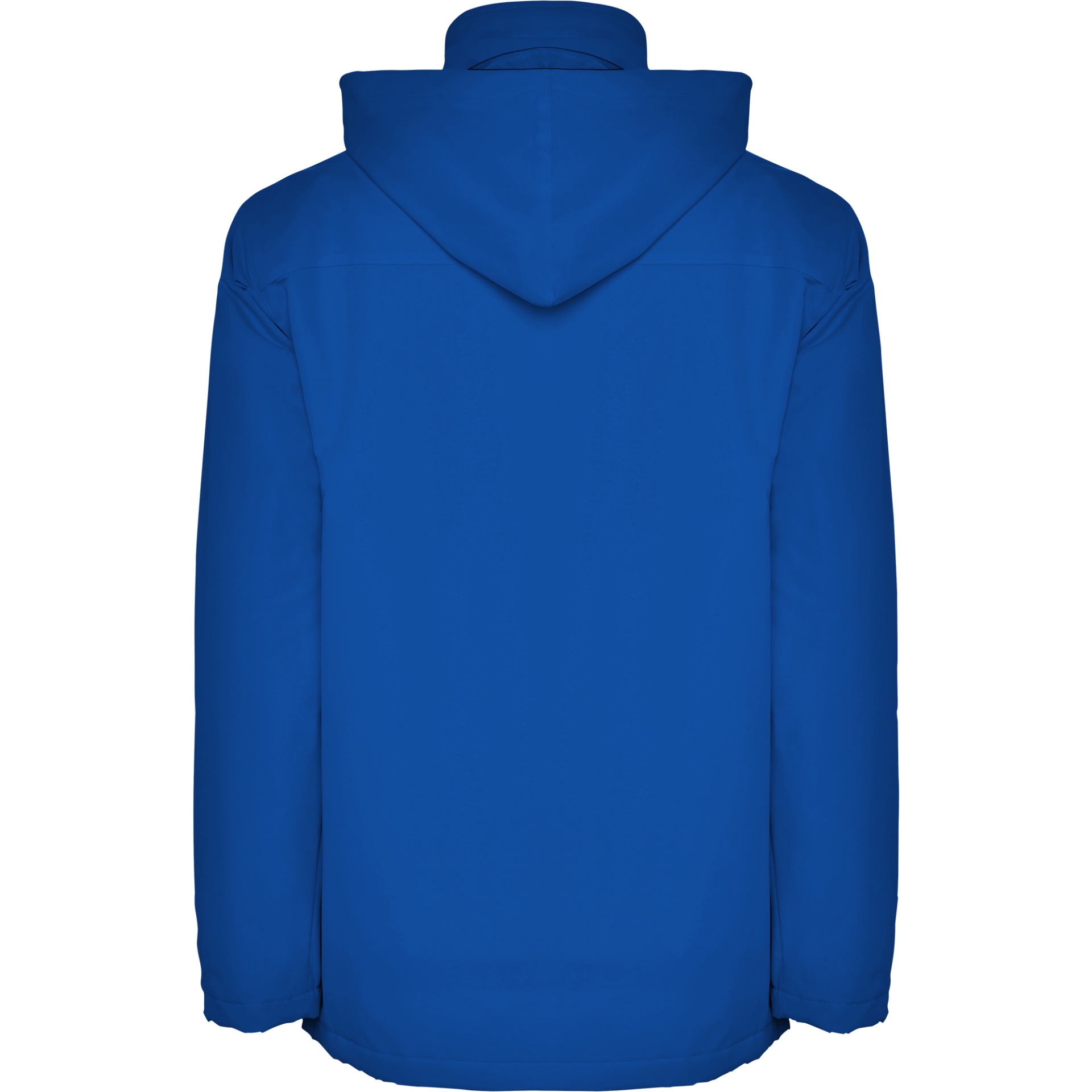 Casaco azul com capuz visto de costas