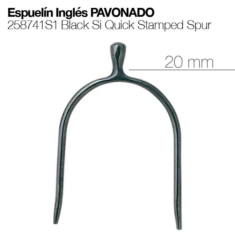 Espora inglesa pavonada preta com medida de 20 mm e texto informativo