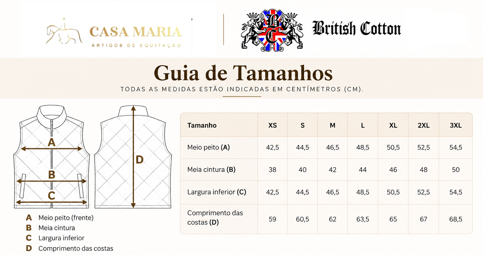 Guia de tamanhos para colete matelassê com medidas e logótipos Casa Maria e British Cotton