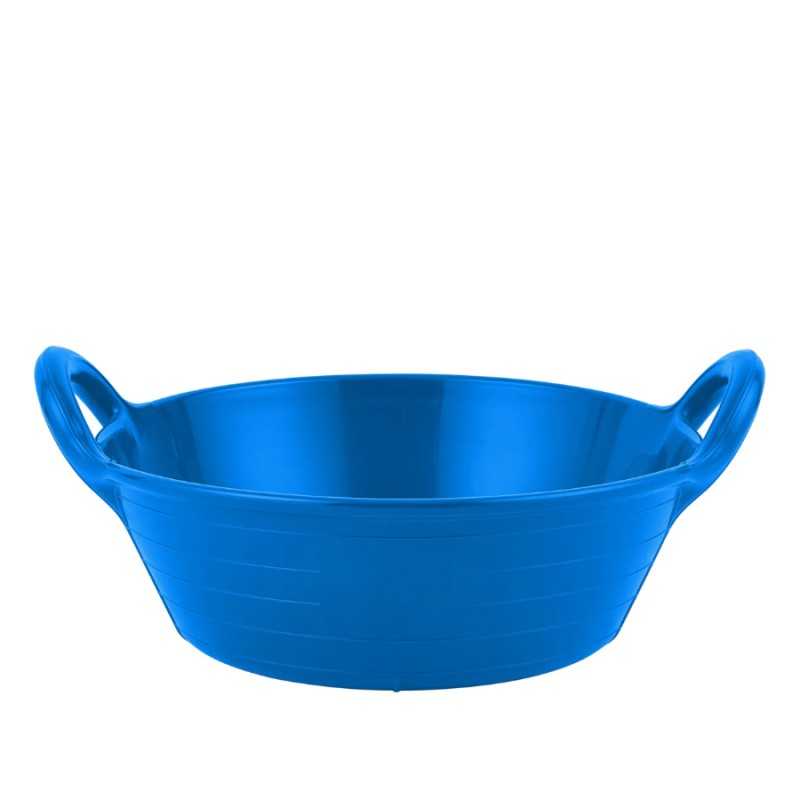 Recipiente plástico azul com pegas laterais.